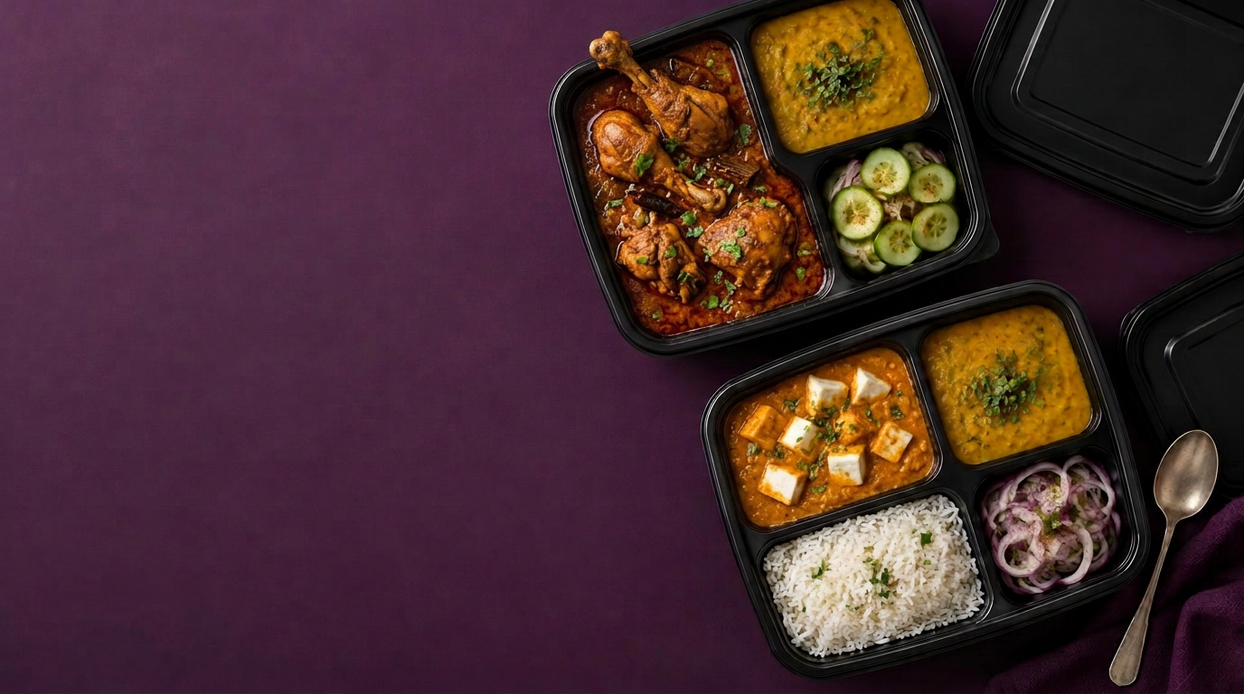 Paneer curry and chicken curry meals with rice, dal and salad in black parcel containers