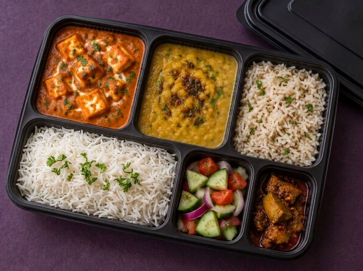 Paneer Veg Meal in a black parcel container