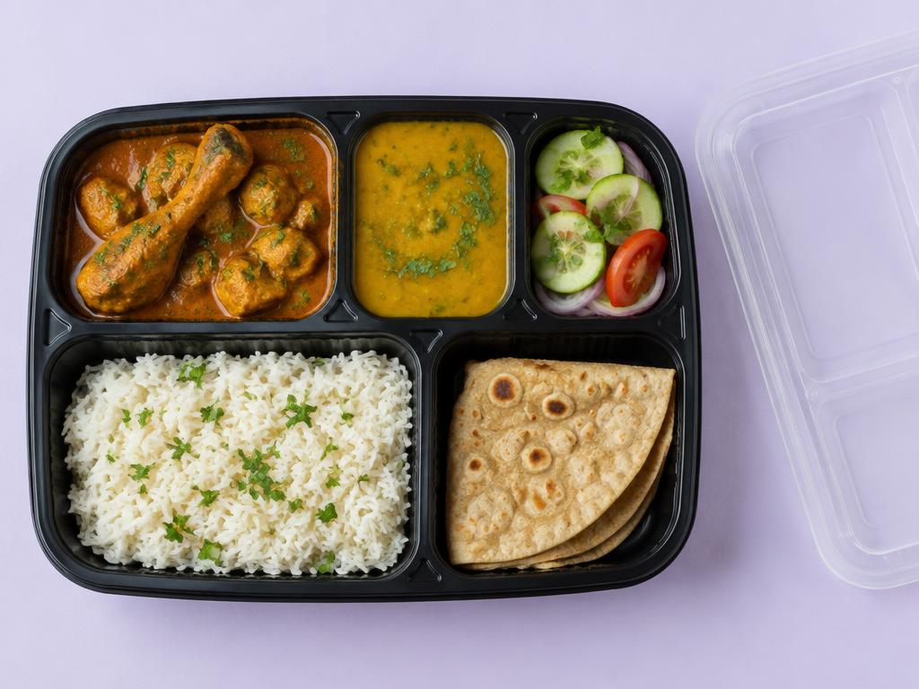 Non-veg Meal in a black parcel container
