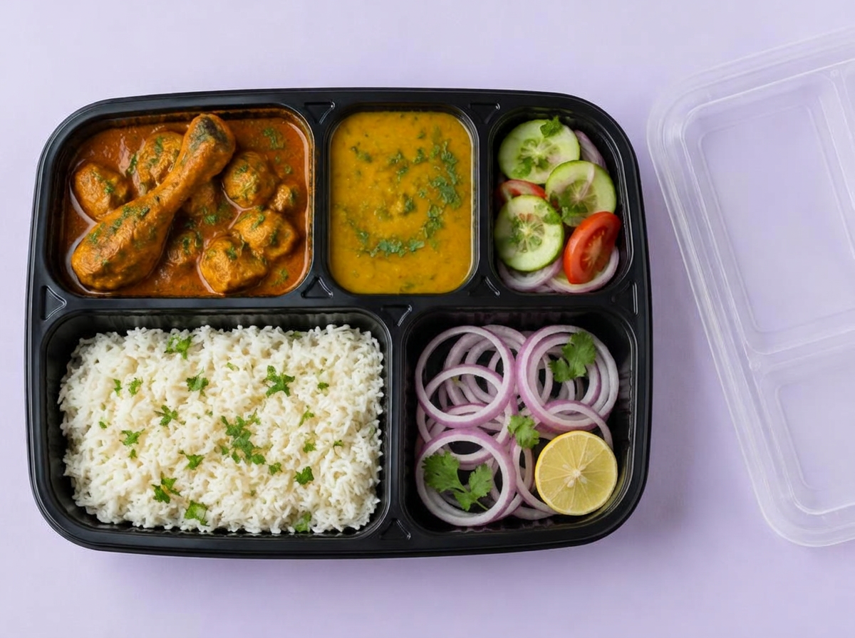 Chicken Meal in a black parcel container